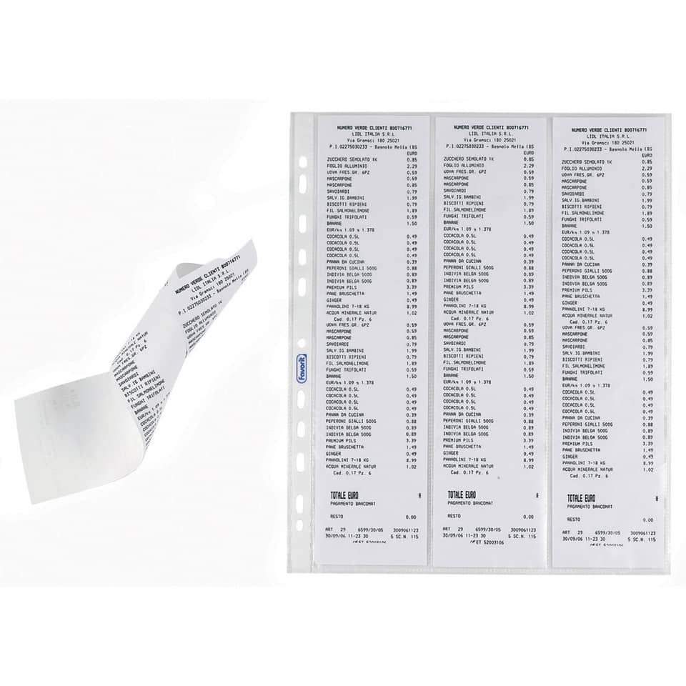 Buste a foratura universale Favorit porta scontrini buccia d'arancia linear 7x30 cm (x6 tasche) conf.10 - 100460079