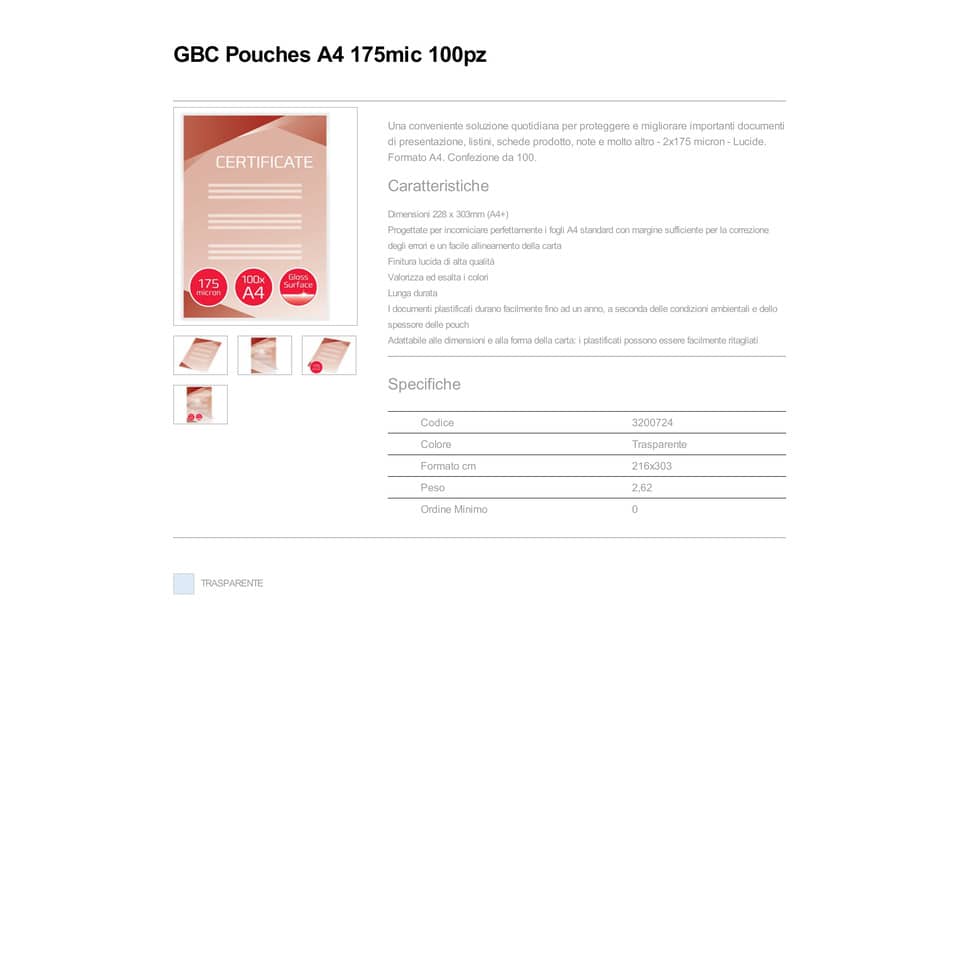 Pouches per plastificatrici a caldo GBC 2x175 µm finitura lucida A4 21,6x30,3 cm - Conf. 100 pezzi - 3200724