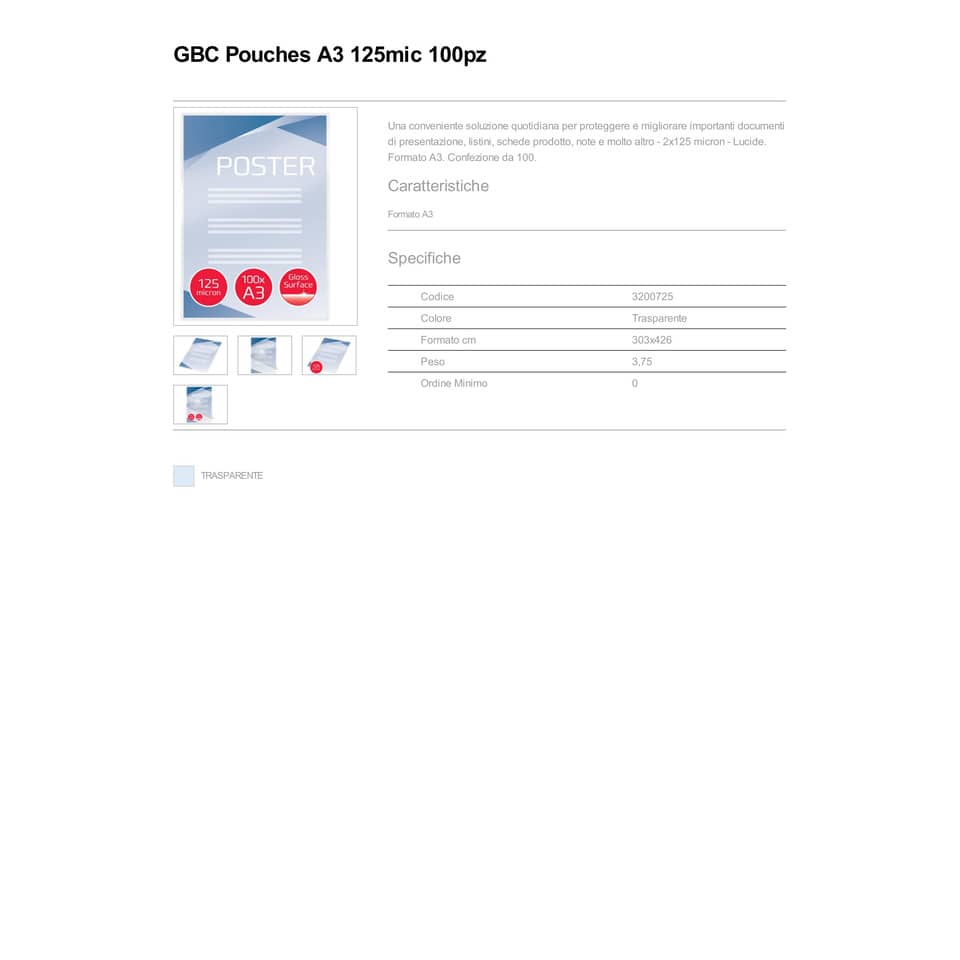 Pouches per plastificatrici a caldo GBC 2x125 µm finitura lucida A3 30,3x42,6 cm - Conf. 100 pezzi - 3200725