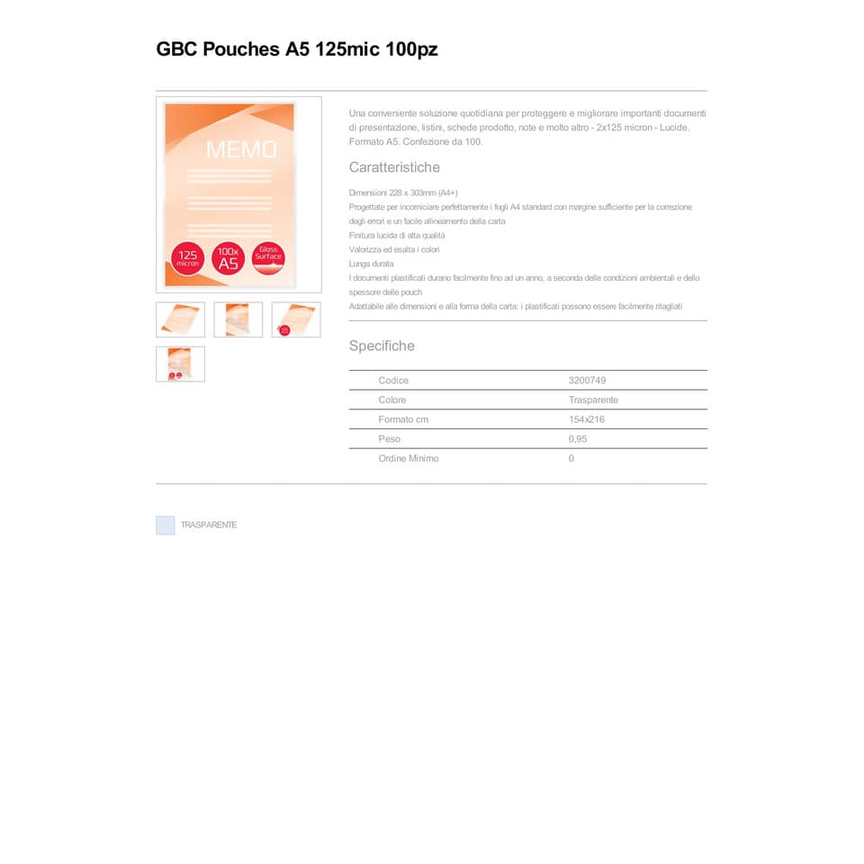 Pouches per plastificatrici a caldo GBC 2x125 µm finitura lucida A5 15,4x21,6 cm Conf. 100 pezzi - 3200749