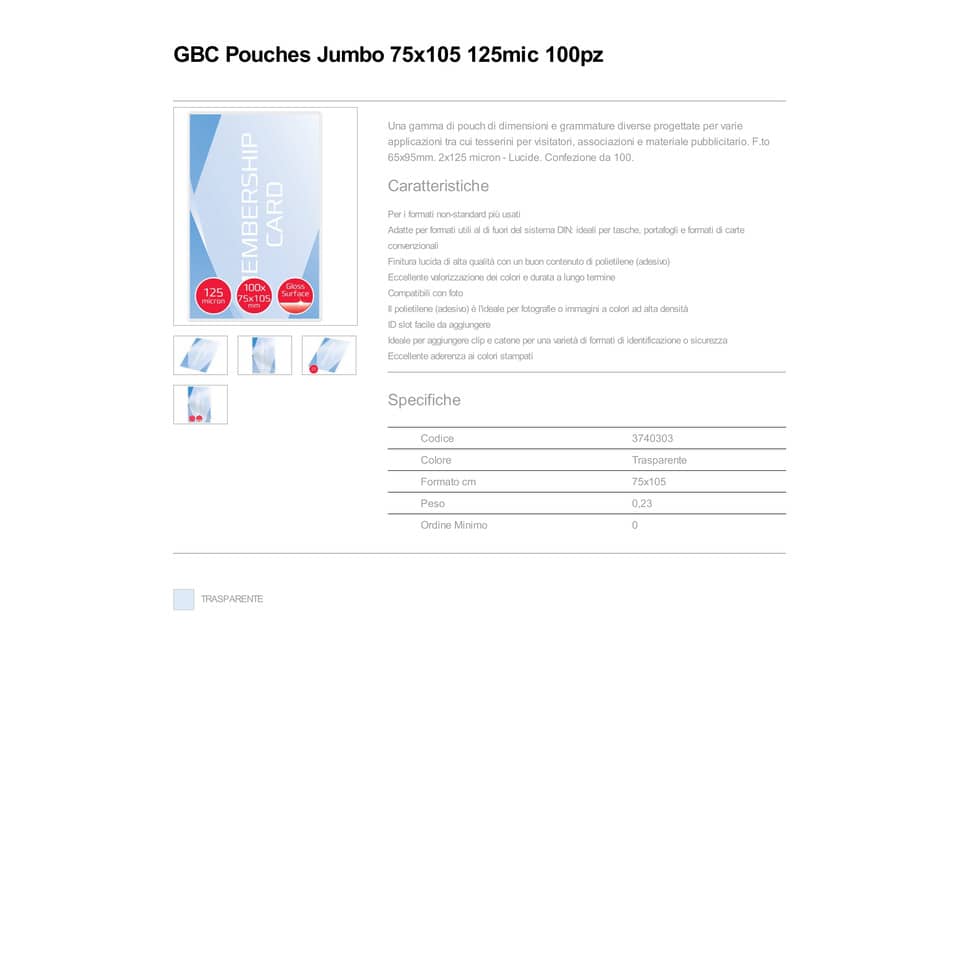 Pouches per plastificatrici a caldo GBC 2x125 µm finitura lucida formato carta credito 7,5x10,5 cm Cf. 100 pz 3740303