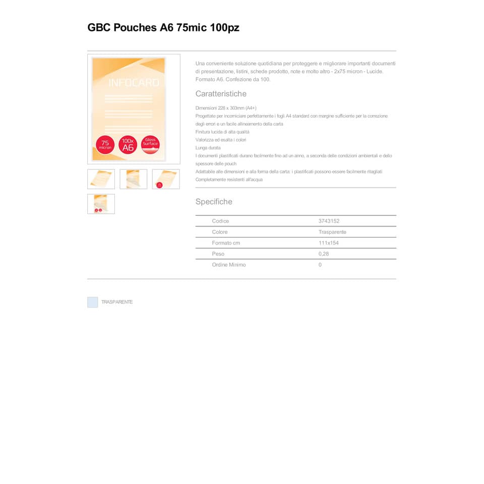 Pouches per plastificatrici a caldo GBC 2x75 µm finitura lucida A6 11,1x15,6 cm Conf. 100 pezzi - 3743152
