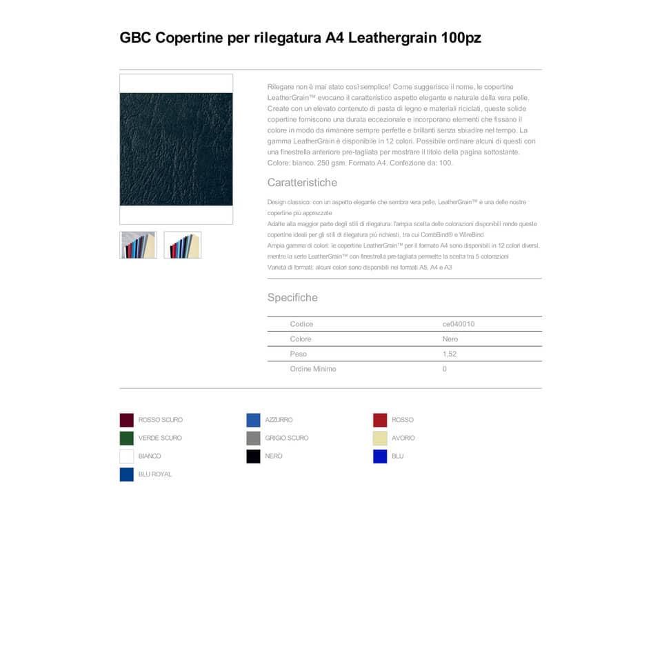 Copertine per rilegatura GBC Leathergrain in cartoncino goffrato a4 nero conf da 100 copertine - CE040010