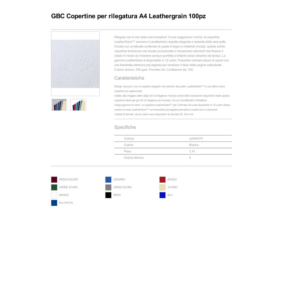 Copertine per rilegatura GBC Leathergrain in cartoncino goffrato a4 bianco conf da 100 copertine - CE040070