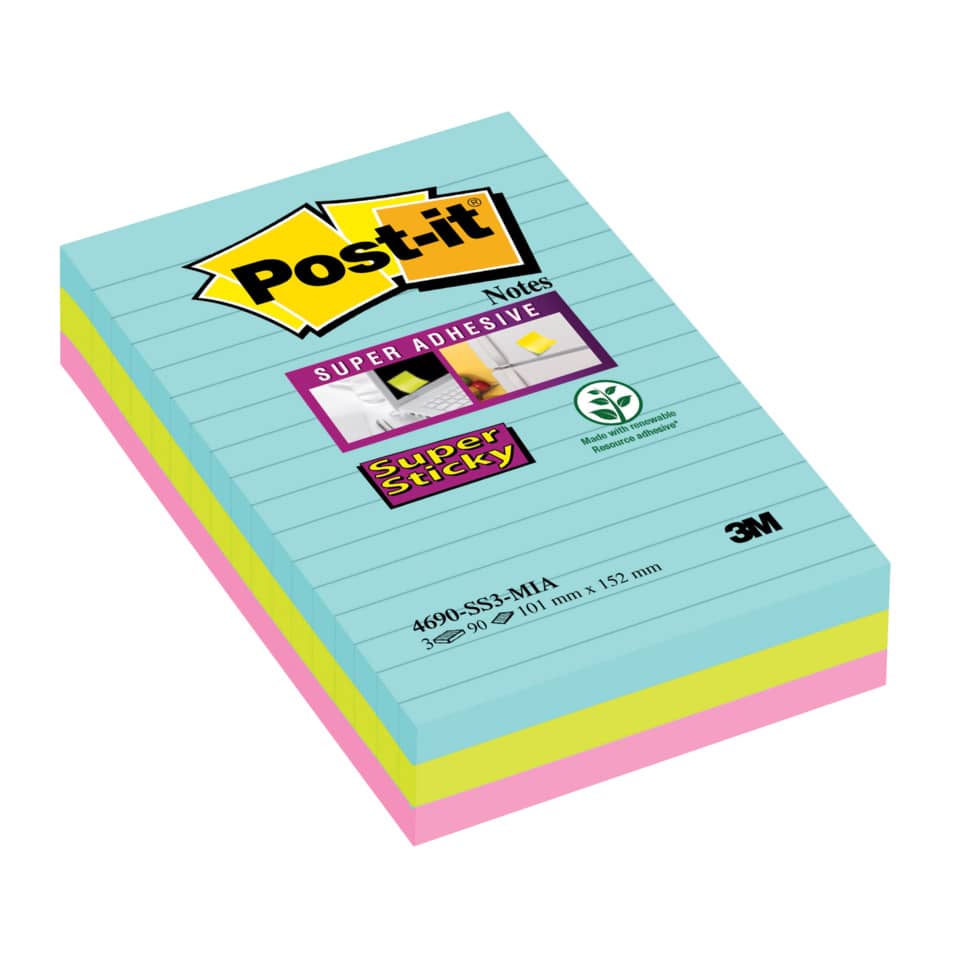 Foglietti Post-it® Super Sticky XXL Miami a righe assortiti conf. 3 blocchetti da 90 ff - 4690-SS3MIA