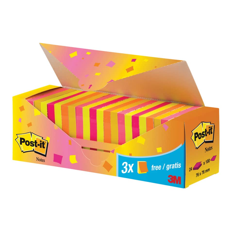 Foglietti colorati Post-it® Notes neon assortiti neon conf. 21 blocchetti + 3 gratis da 100 ff - CP 654-NP24