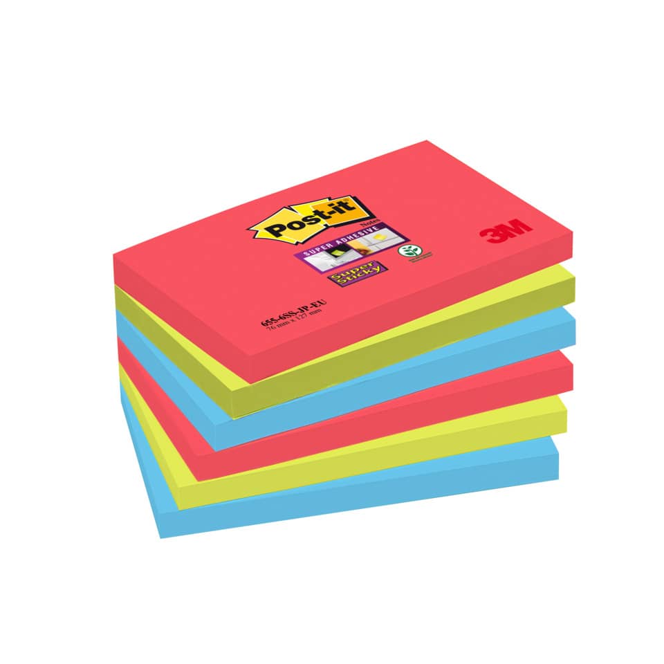 Foglietti riposizionabili Post-it® Super Sticky Bora Bora 76x127 mm assortiti conf. 6 blocchetti da 90 ff - 655-6SS-JP