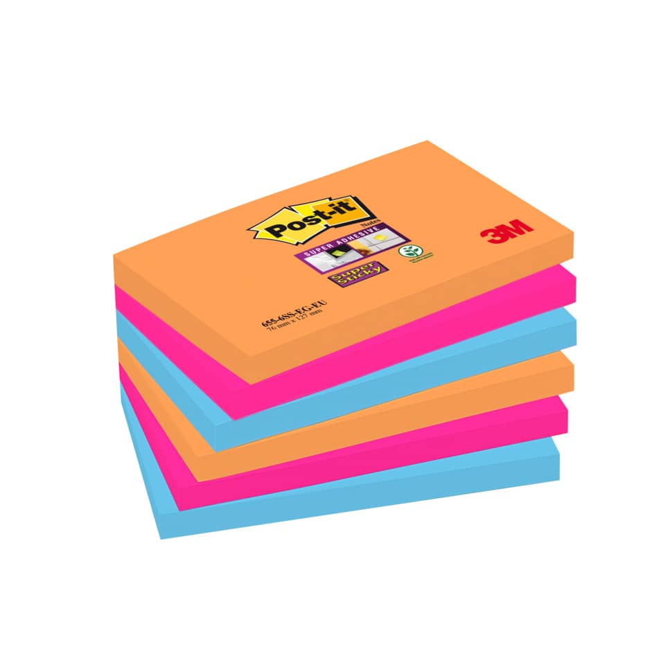 Foglietti riposizionabili Post-it® Super Sticky Bangkok 76x127 mm assortiti conf. 6 blocchetti da 90 ff - 655-6SS-EG