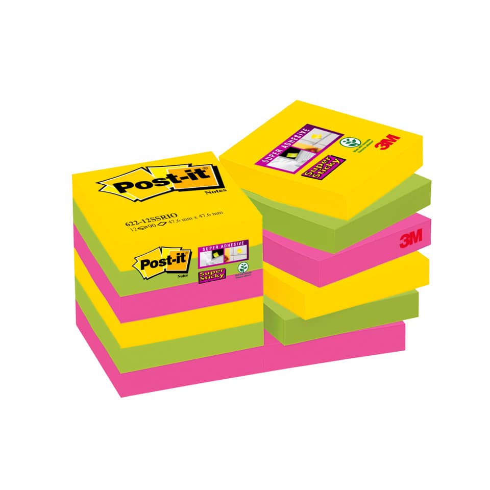 Foglietti riposizionabili Post-it® Super Sticky Rio de Janeiro 47,6x47,6 mm conf. 12 blocc. da 90 ff - 622-12SS-RIO