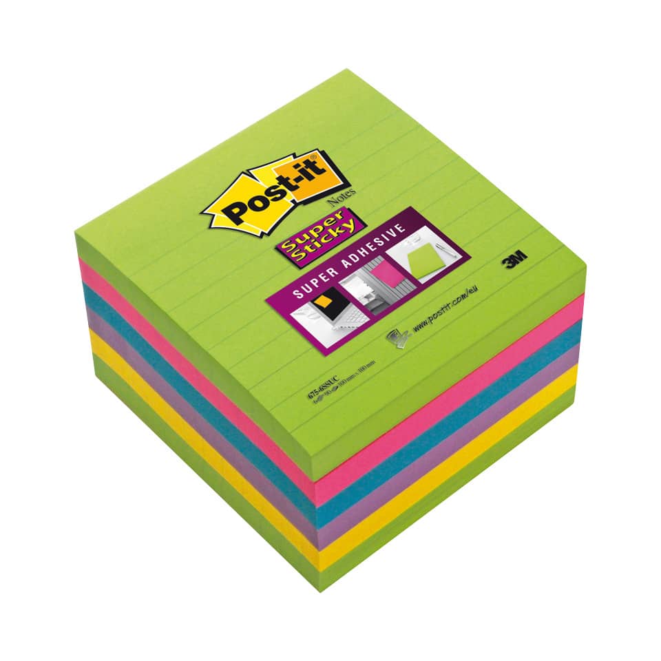 Foglietti riposizionabili Post-it® Super Sticky Notes a righe assortiti conf. 6 blocchetti da 90 ff - 675-6SSUC