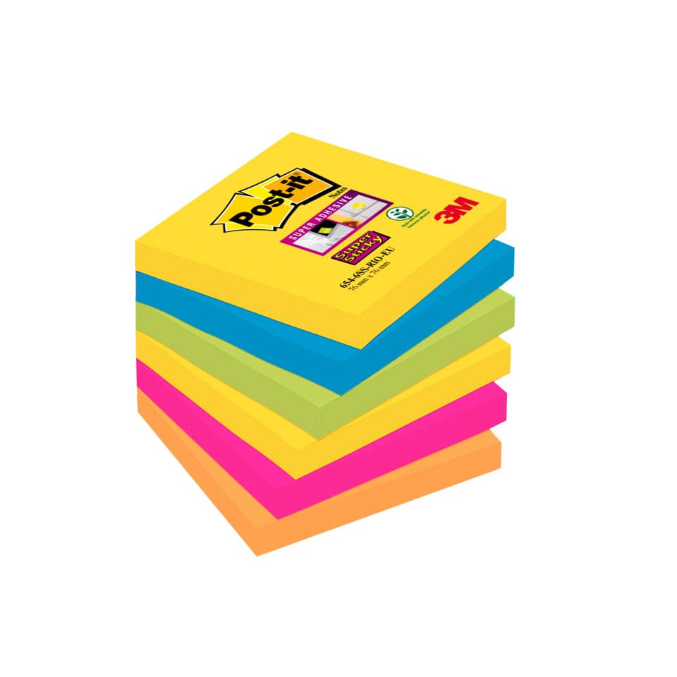 Foglietti riposizionabili Post-it® Super Sticky Rio de Janeiro 76x76 mm assortiti conf. 6 blocchetti da 90 ff - 654-6SS