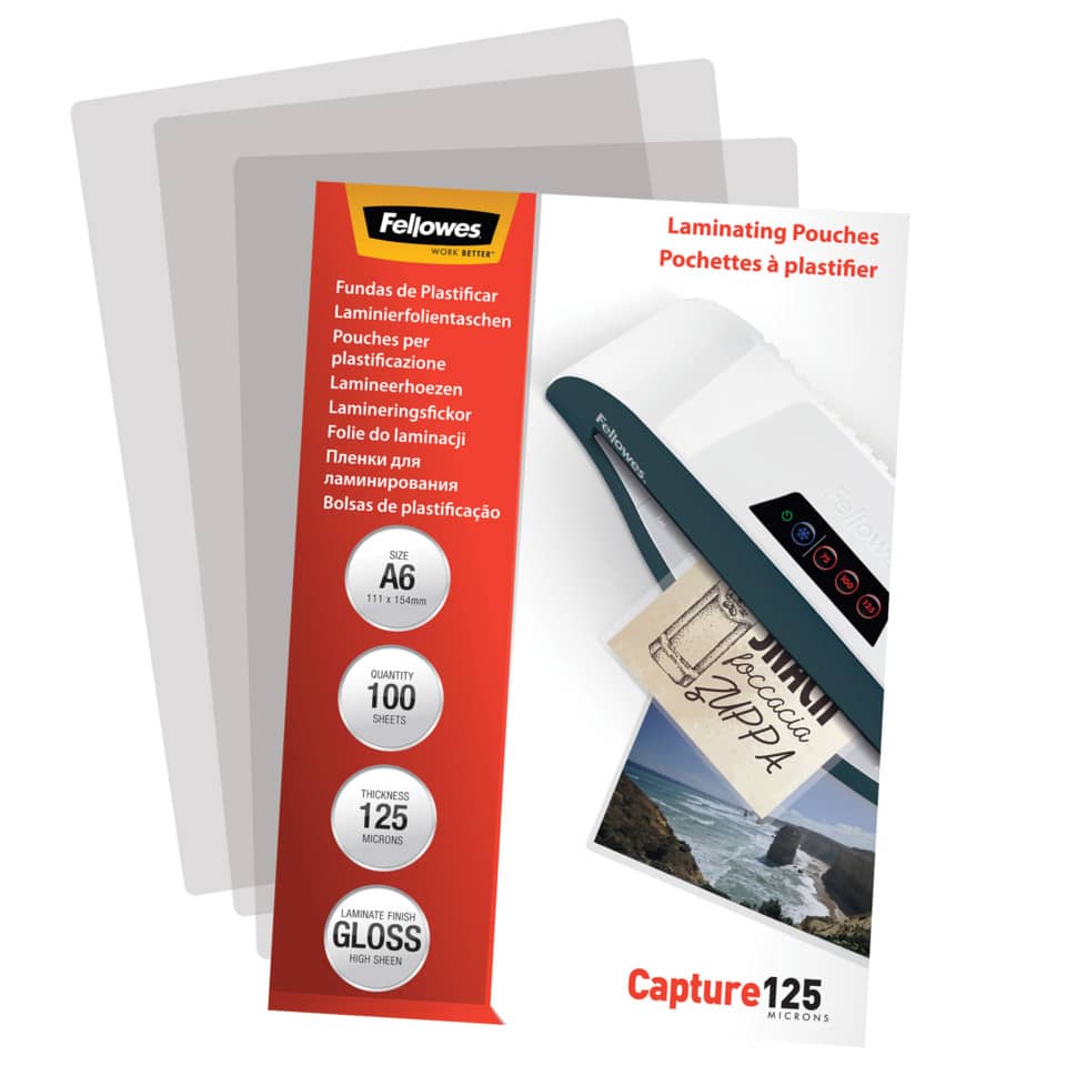 Pouches per plastificatrici Fellowes Standard Capture125 finitura lucida - 2x125 µm - A6 - Conf. 100 pezzi 5307201