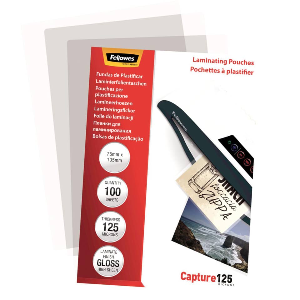 Pouches per plastificatrici Fellowes Standard Capture125 finitura lucida - 2x125 µm 75x105 mm Conf. 100 pz 5306901
