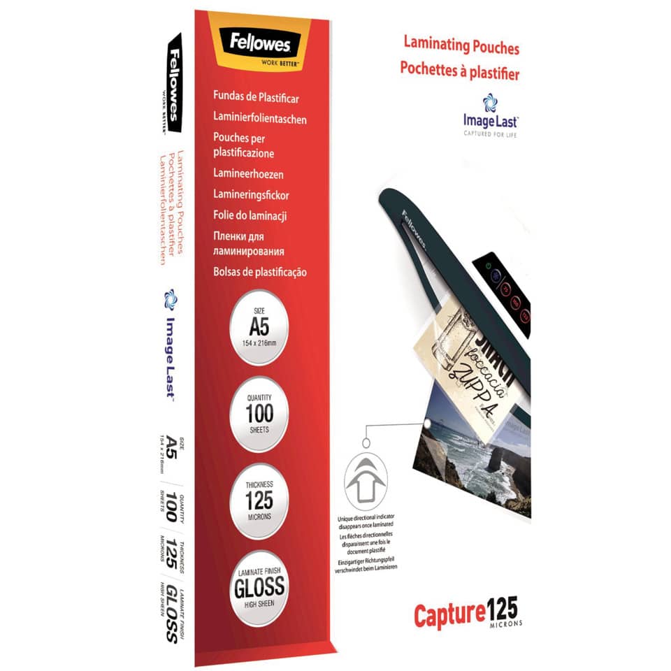 Pouches per plastificatrici Fellowes ImageLast Capture125 finitura lucida - 2x125 µm - A5 - Conf. 100 pezzi 5307302