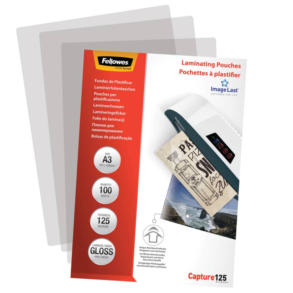 Pouches per plastificatrici Fellowes ImageLast Capture125 finitura lucida - 2x125 µm - A3 - Conf. 100 pezzi 5307506