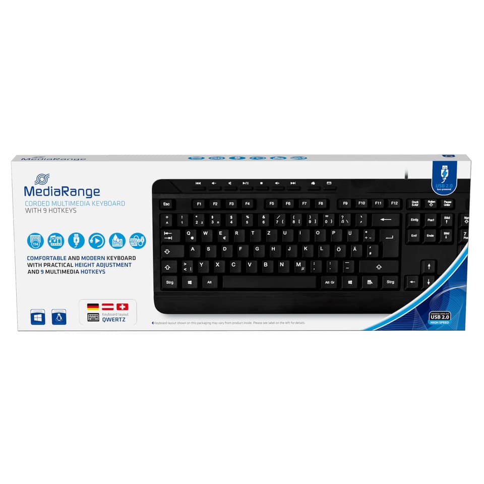 Tastiera Media Range multimediale con filo nera, QWERTZ MROS102