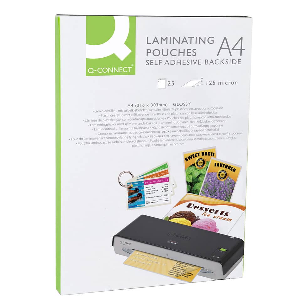 Pouches autoadesive per plastificatrici Q-Connect 2x125 µm finitura lucida A4 Conf. 25 pezzi - KF24056
