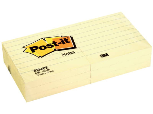 Foglietti Post-it® Notes a righe Giallo Canary™ Conf. 6 blocchetti da 100 ff - 630.6PK