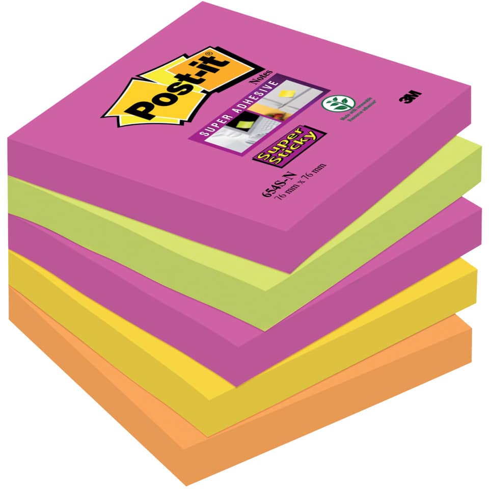 Foglietti riposizionabili Post-it® Super Sticky Cape Town 76x76 mm assortiti conf. 5 blocchetti da 90 ff - 654S-N