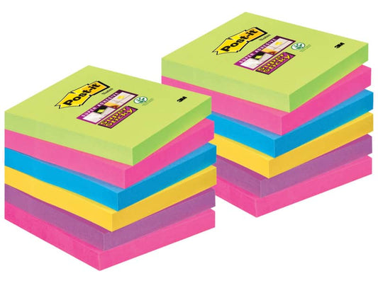 Foglietti Post-it® Super Sticky Notes 76x76 mm assortiti conf. 12 blocchetti da 90 ff - 654-12SSUC