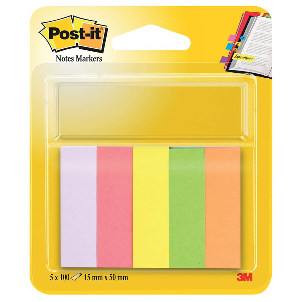 Segnapagina removibili in carta Post-it® Notes Markers neon assortiti 5 blocchetti da 100 fogli - 670-5