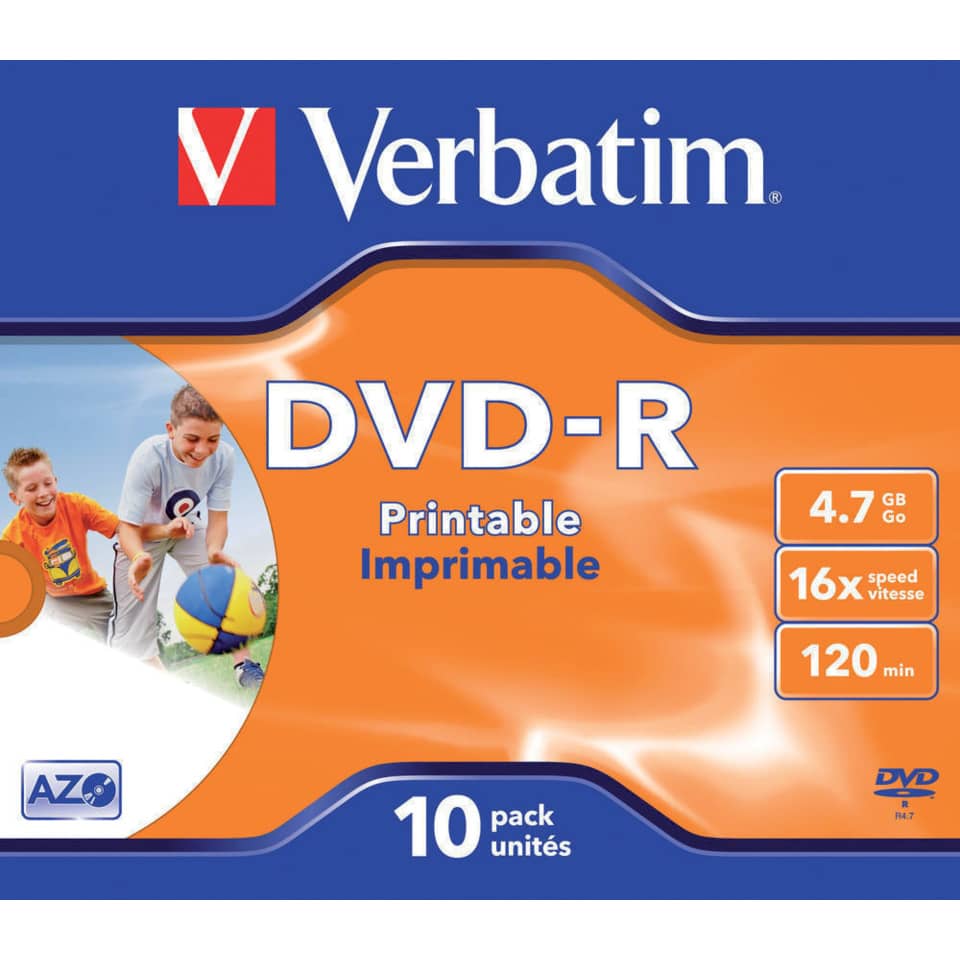 DVD-R Verbatim standard stampabile 4.7 GB - Velocità 16x Jewel Case conf. da 10 - 43521