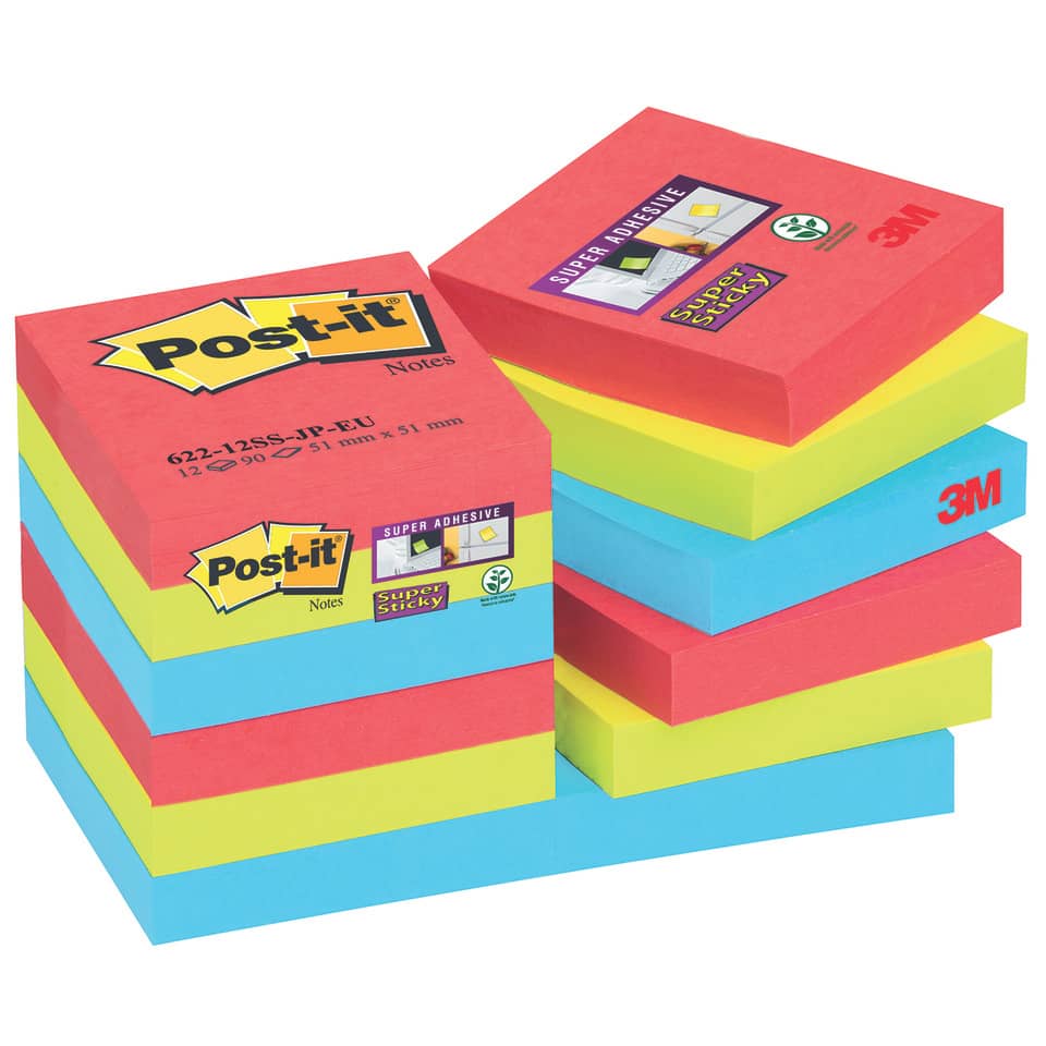 Foglietti riposizionabili Post-it® Super Sticky Bora Bora 47,6x47,6 mm assortiti conf. 12 blocc. da 90 ff - 622-12SS-JP
