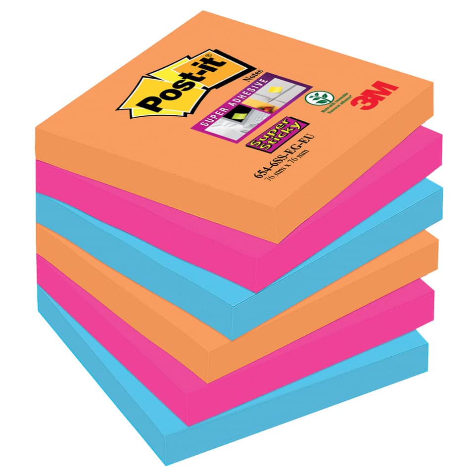 Foglietti riposizionabili Post-it® Super Sticky Bangkok 76x76 mm assortiti conf. 6 blocchetti da 90 ff - 654-6SS-EG