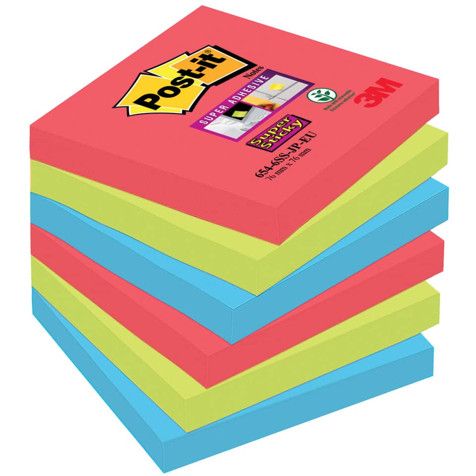 Foglietti riposizionabili Post-it® Super Sticky Bora Bora 76x76 mm assortiti conf. 6 blocchetti da 90 ff - 654-6SS-JP