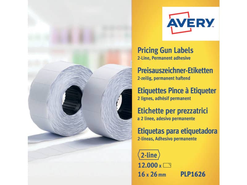 Etichette permanenti per prezzatrici 2 linee Avery 16x26 mm bianco - conf. 10 rotoli da 1200 etichette - PLP1626