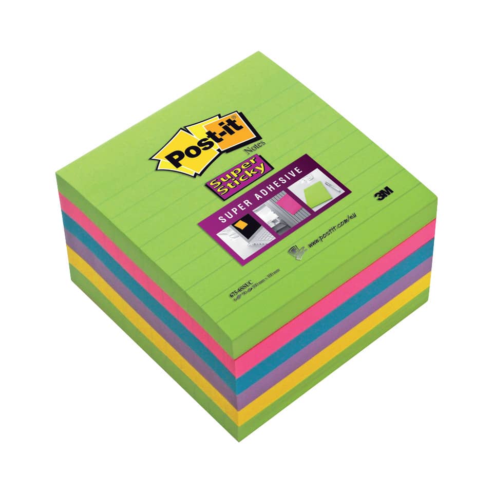 Foglietti riposizionabili Post-it® Super Sticky Notes a righe assortiti conf. 6 blocchetti da 90 ff - 675-6SSUC