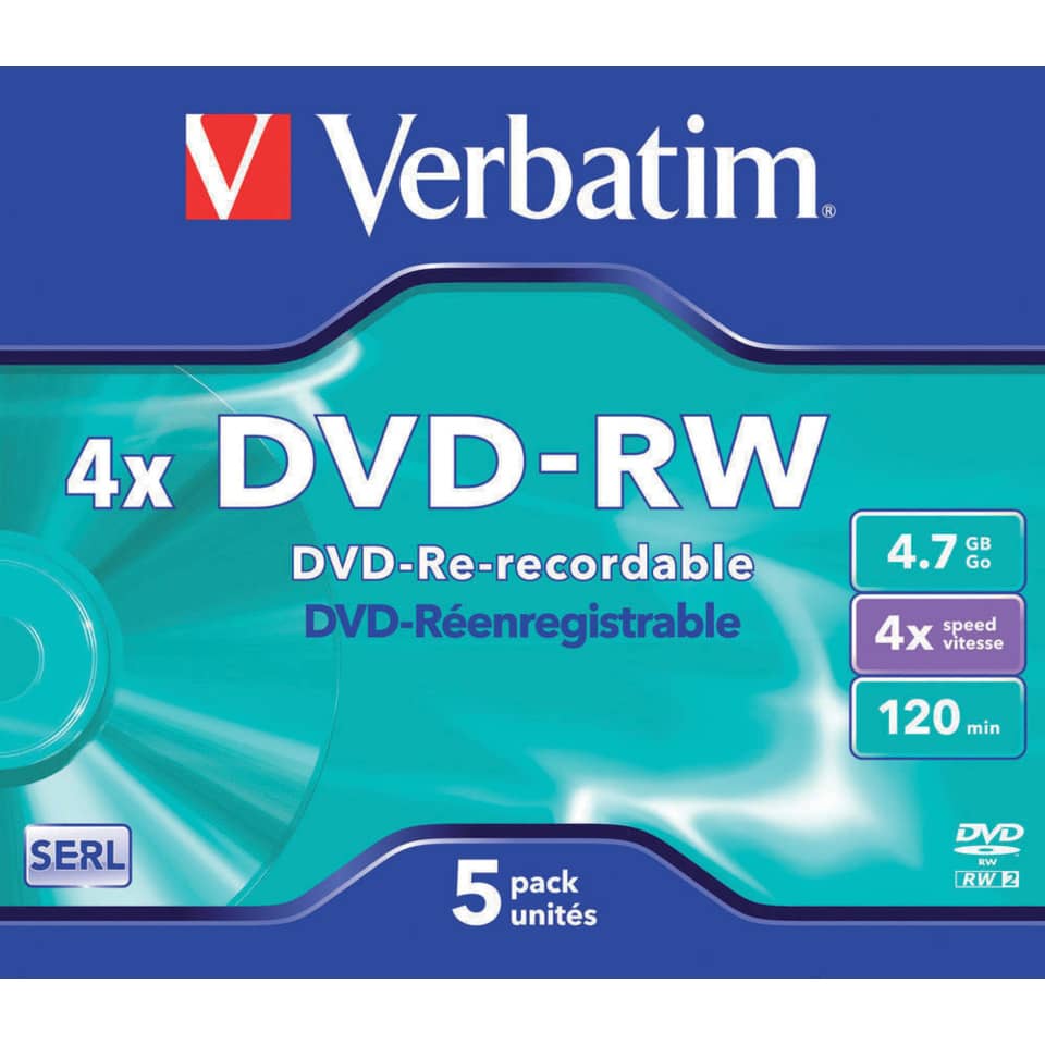 DVD-RW Verbatim Jewel Case 4.7 GB - velocità di scrittura 4x conf. da 5 - 43285