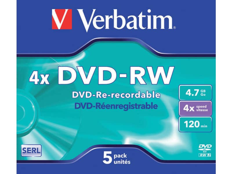 DVD-RW Verbatim Jewel Case 4.7 GB - velocità di scrittura 4x conf. da 5 - 43285