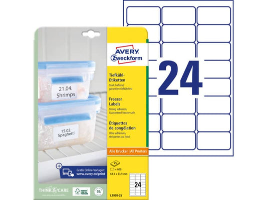 Etichette permanenti per freezer Avery 63,5x33,9 mm bianco - 24 et./foglio - laser/inkjet - cf. 25 fogli L7970-25