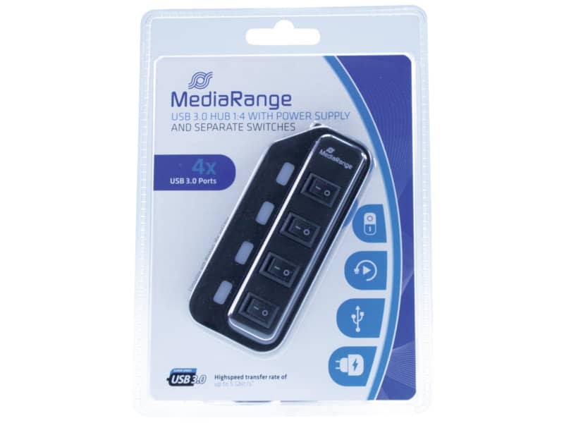 Hub Media Range USB 3.0 con quattro porte con interruttori separati e alimentatore - MRCS505