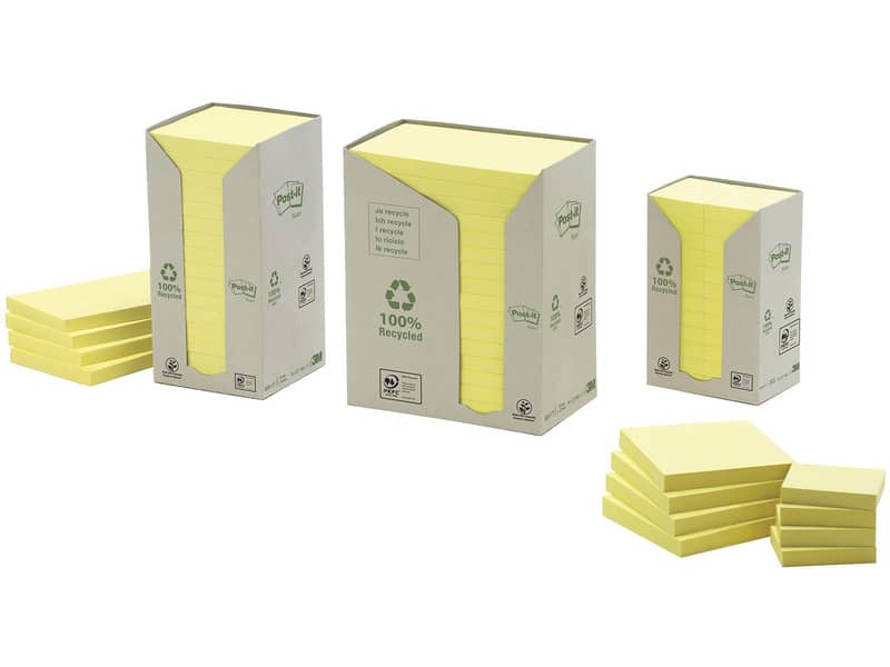 Foglietti Post-it® Notes Giallo 76x76 mm carta riciclata Torre da 16 blocchetti da 100 ff - 654-1T