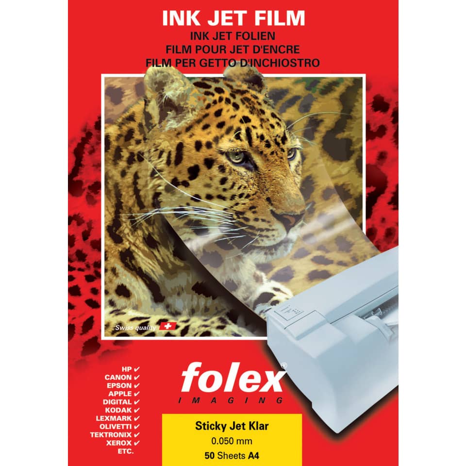 Film adesivo per stampanti inkjet Folex Sticky Jet CL trasparente 0,05 mm A4 Conf. 50 pezzi - 2939C.050.44100