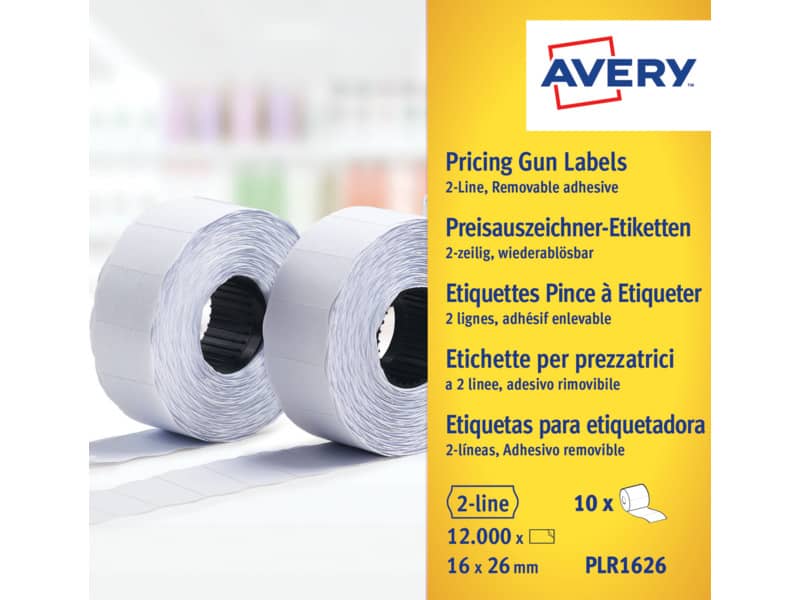 Etichette removibili per prezzatrici 2 linee Avery 16x22 mm bianco - conf. 10 rotoli da 1200 etichette - PLR1626