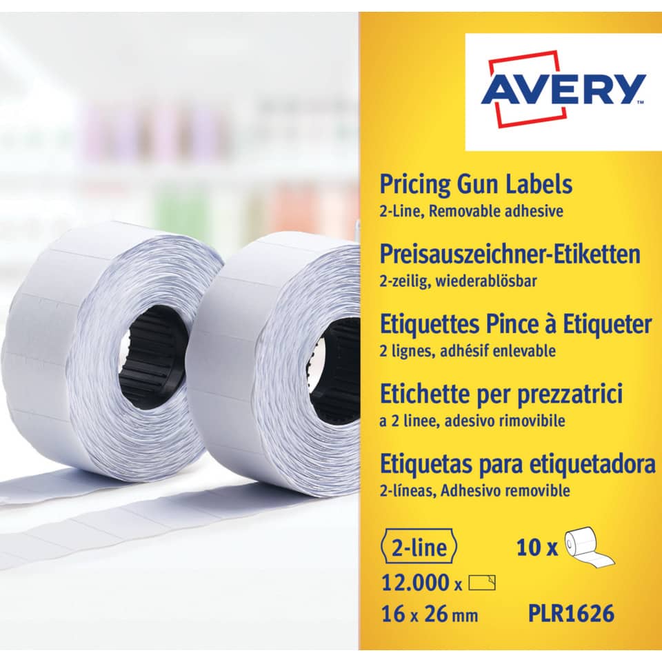 Etichette removibili per prezzatrici 2 linee Avery 16x22 mm bianco - conf. 10 rotoli da 1200 etichette - PLR1626