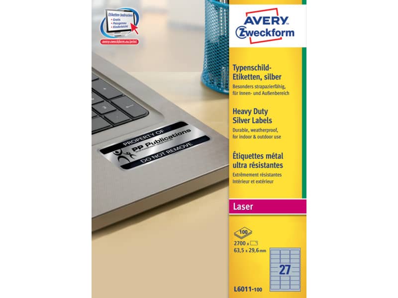 Etichette permanenti poliestere argento Avery 63,5x29,6 mm - 27 et/foglio - laser monocolore conf. 100 ff L6011-100