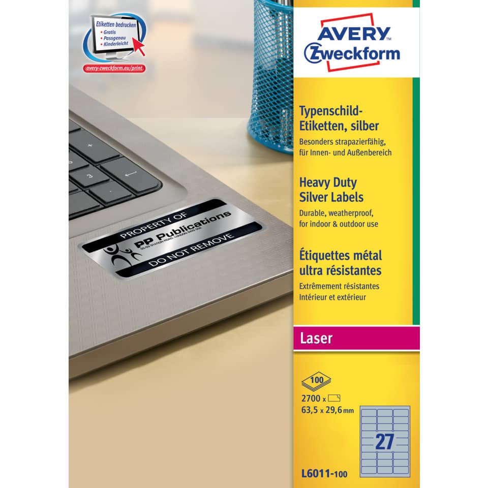 Etichette permanenti poliestere argento Avery 63,5x29,6 mm - 27 et/foglio - laser monocolore conf. 100 ff L6011-100