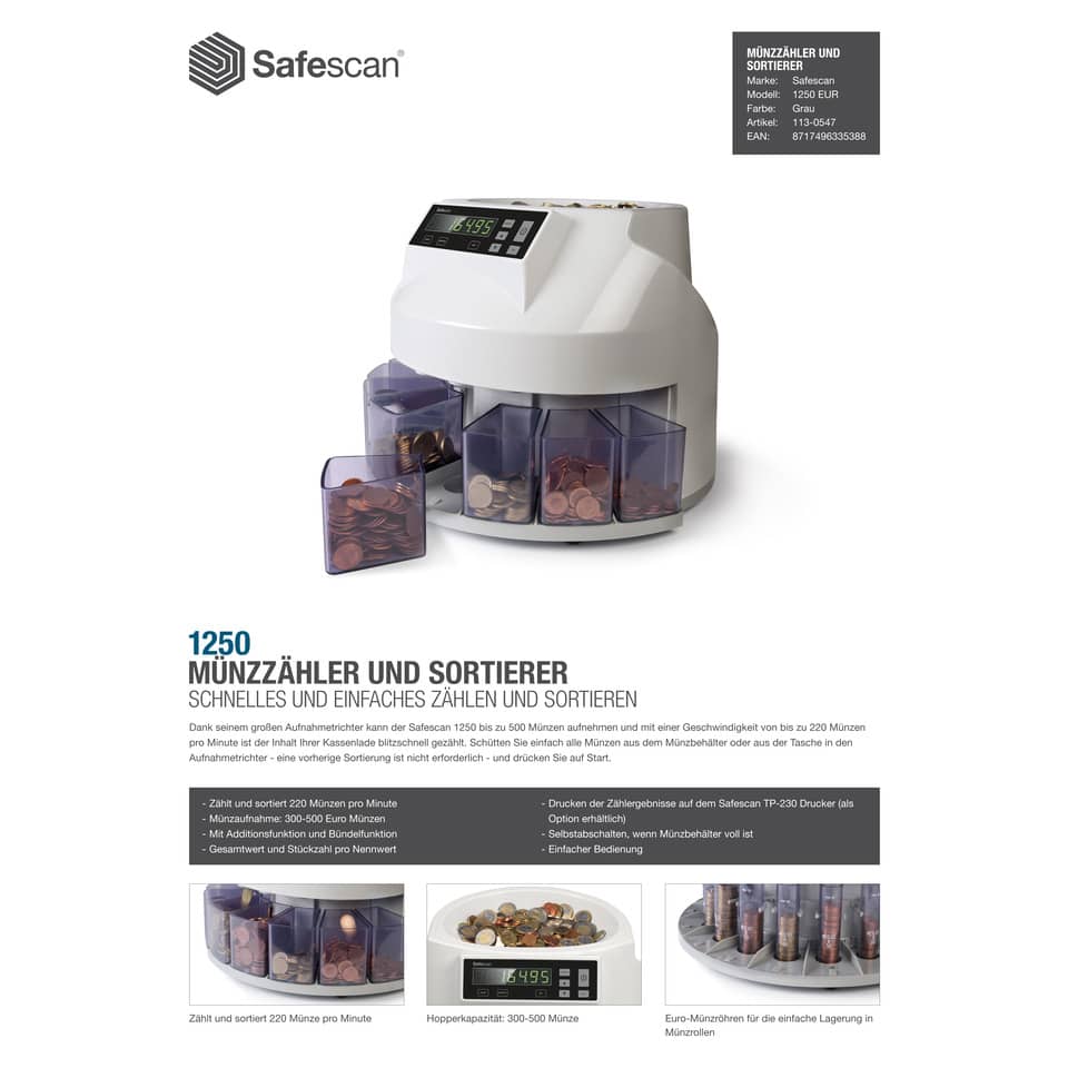 Conta e dividi monete Safescan 1250 fino a 500 monete grigio 113-0547