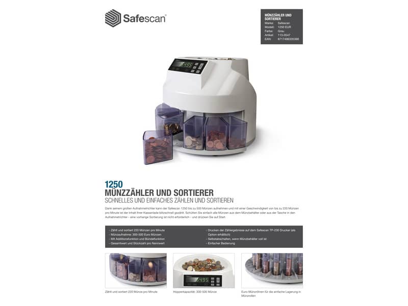 Conta e dividi monete Safescan 1250 fino a 500 monete grigio 113-0547