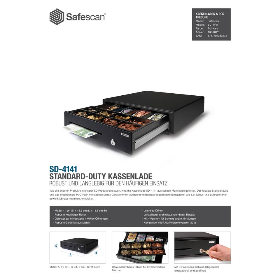 Cassetto per uso standard Safescan SD-4141 in metallo/plastica nero 132-0425