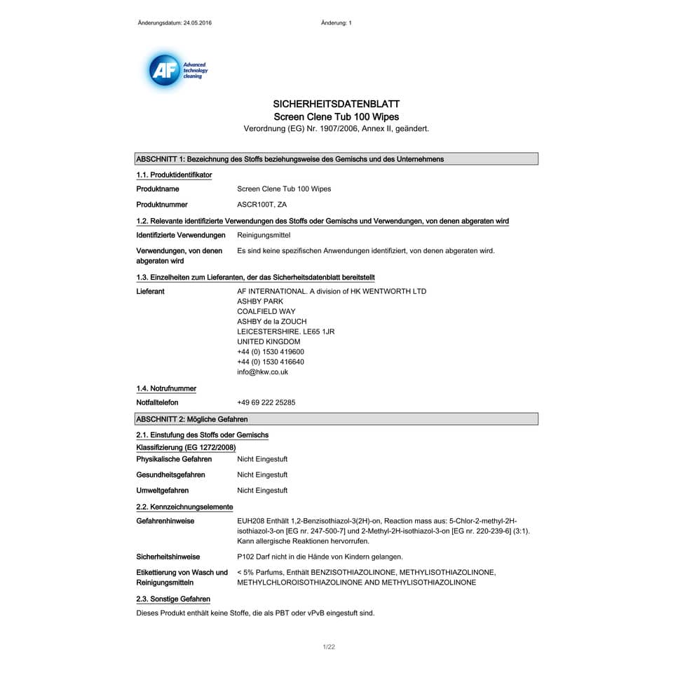 Salviette detergenti AF International SCR100T Screen-Clene Barattolo da 100 salviette - ASCR100T