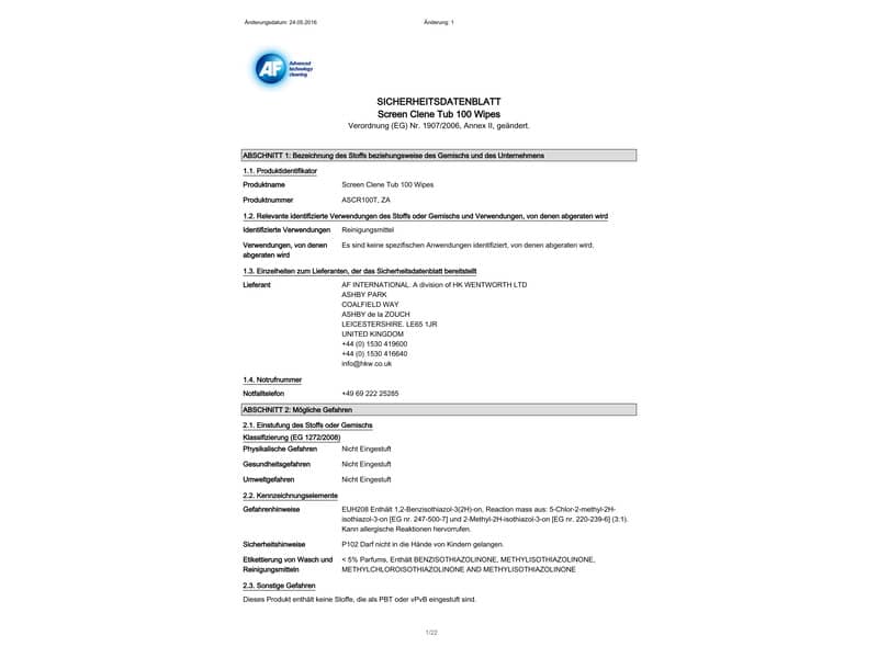 Salviette detergenti AF International SCR100T Screen-Clene Barattolo da 100 salviette - ASCR100T