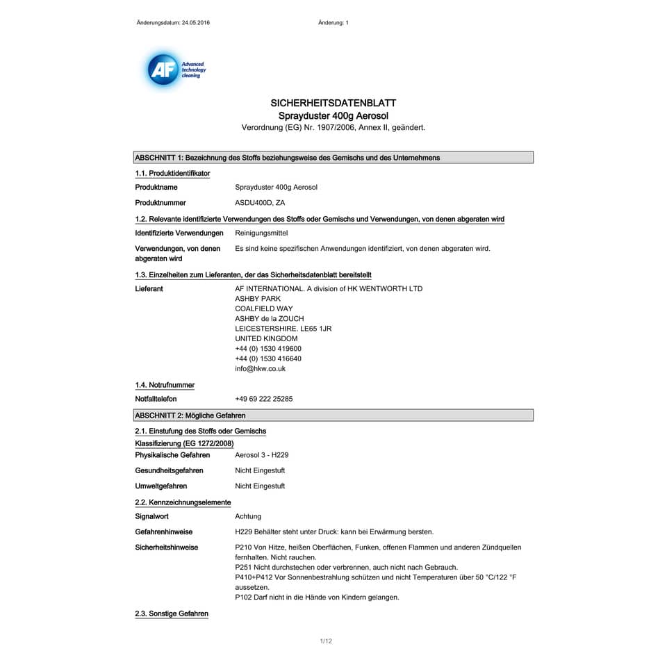 Aria compressa AF International non capovolgibile Bomboletta da 342 ml Sprayduster not Invertible - ASDU400D