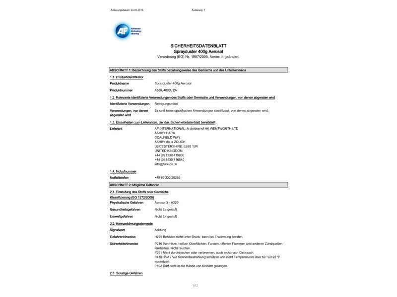 Aria compressa AF International non capovolgibile Bomboletta da 342 ml Sprayduster not Invertible - ASDU400D