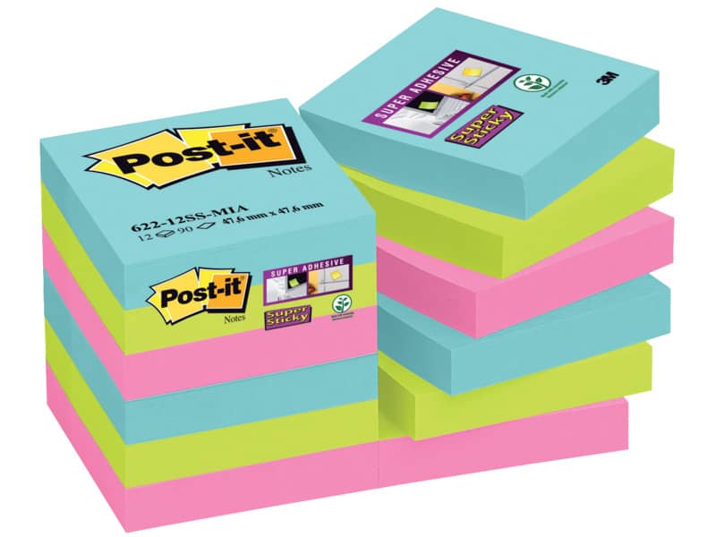 Foglietti riposizionabili Post-it® Super Sticky Miami 47,6x47,6 mm assortiti conf. 12 blocc. da 90 ff - 622-12SS-MIA