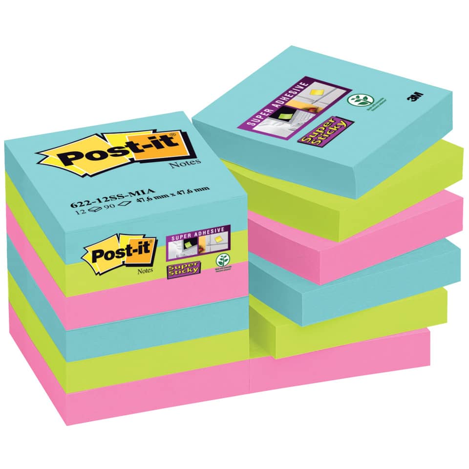 Foglietti riposizionabili Post-it® Super Sticky Miami 47,6x47,6 mm assortiti conf. 12 blocc. da 90 ff - 622-12SS-MIA